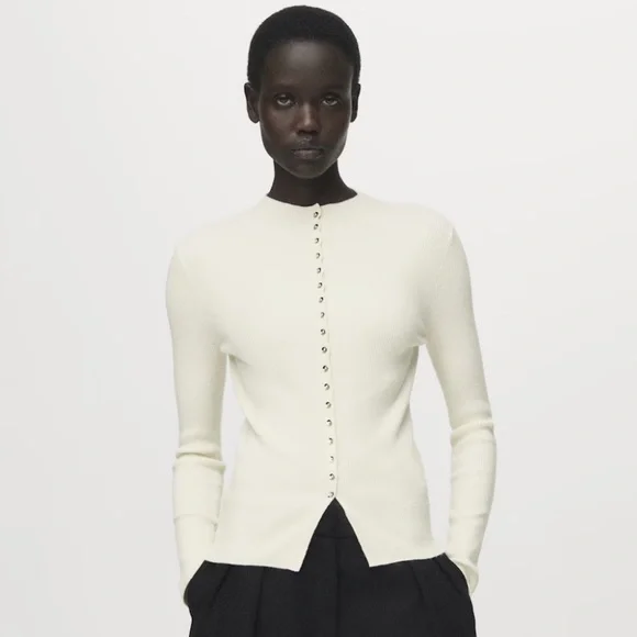 Mango XL Ivory Fine Knit Ribbed Mock Neck Mini Button Front Wool Blend Cardigan - Picture 3 of 16